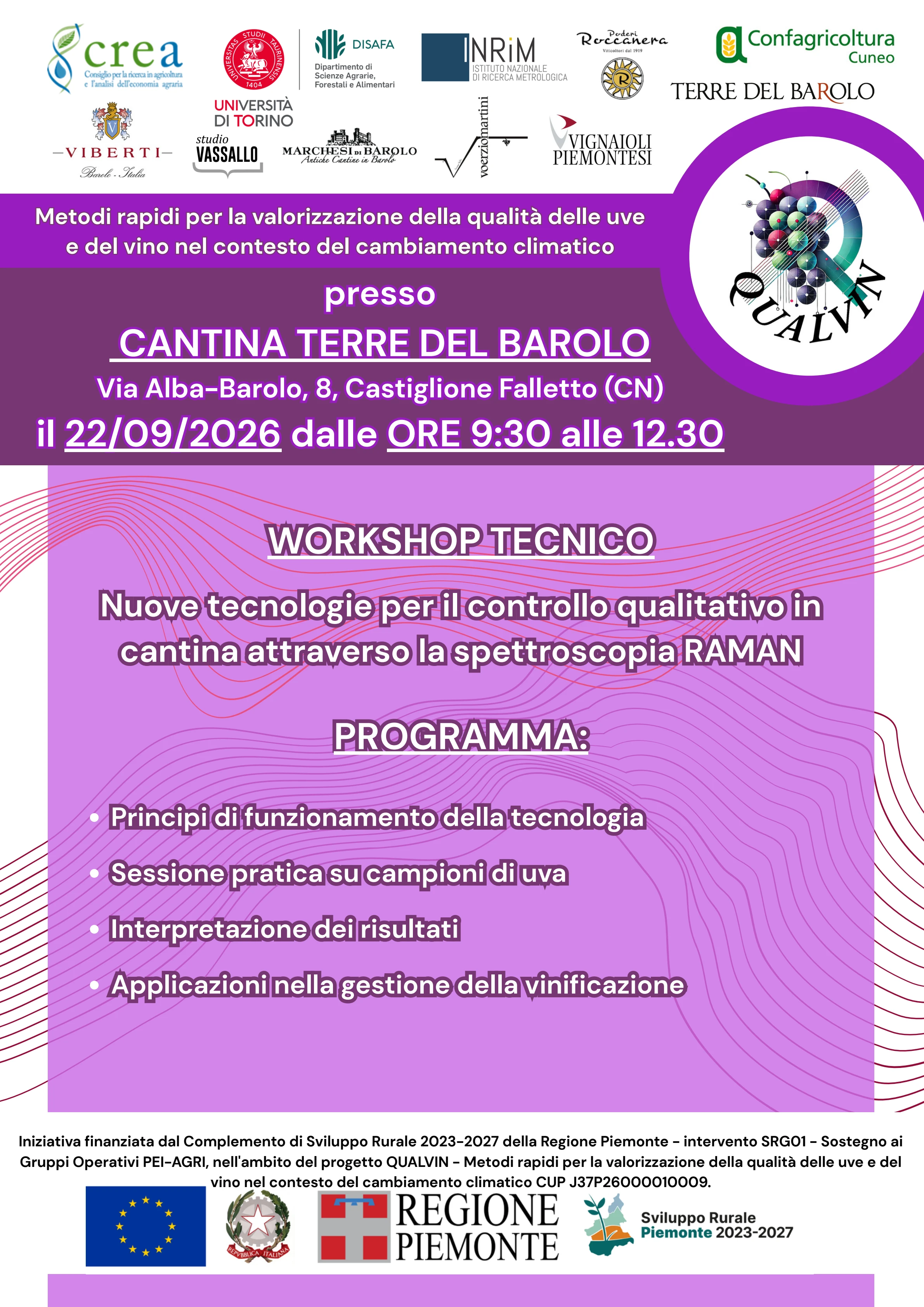 Locandina del workshop tecnico QUALVIN del 22 settembre 2026 presso Cantina Terre del Barolo